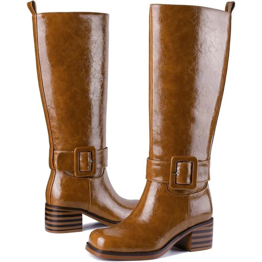 Women's B-brown Round Toe Wide Calf Chunky Low Heel Pull Knee High Boots Rubber